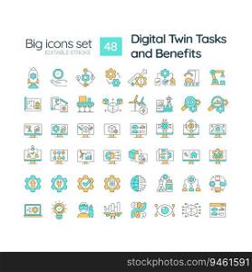 Digital twin tasks and benefits RGB color icons set. Smart manufacturing. Artificial intelligence. Isolated vector illustrations. Simple filled line drawings collection. Editable stroke. Digital twin tasks and benefits RGB color icons set