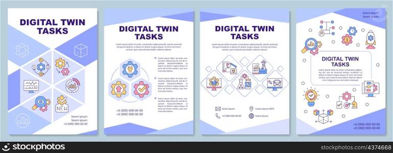 Digital twin tasks blue brochure template. Manufacturing. Booklet print design with linear icons. Vector layouts for presentation, annual reports, ads. Arial-Black, Myriad Pro-Regular fonts used. Digital twin tasks blue brochure template