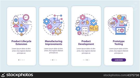 Digital twin tasks onboarding mobile app screen. Product development walkthrough 4 steps graphic instructions pages with linear concepts. UI, UX, GUI template. Myriad Pro-Bold, Regular fonts used. Digital twin tasks onboarding mobile app screen