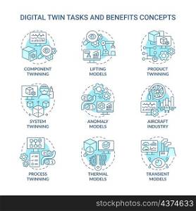 Digital twin tasks turquoise concept icons set. Aircraft industry idea thin line color illustrations. Isolated outline drawings. Editable stroke. Roboto-Medium, Myriad Pro-Bold fonts used. Digital twin tasks turquoise concept icons set