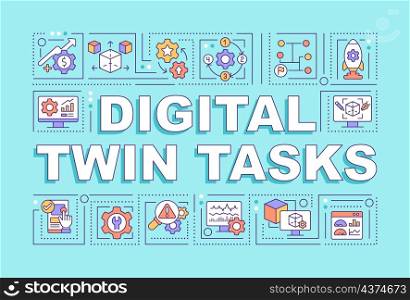 Digital twin tasks word concepts turquoise banner. Engineering. Infographics with linear icons on background. Isolated typography. Vector outline color illustration with text. Arial-Black font used. Digital twin tasks word concepts turquoise banner