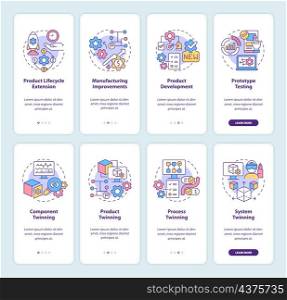 Digital twin technology onboarding mobile app screen set. Tasks walkthrough 4 steps graphic instructions pages with linear concepts. UI, UX, GUI template. Myriad Pro-Bold, Regular fonts used. Digital twin technology onboarding mobile app screen set