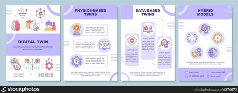 Digital twin types purple brochure template. Augmented reality. Booklet print design with linear icons. Vector layouts for presentation, annual reports, ads. Arial-Black, Myriad Pro-Regular fonts used. Digital twin types purple brochure template