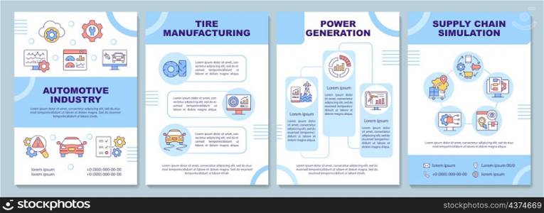Digital twin usage blue brochure template. Automotive industry. Booklet print design with linear icons. Vector layouts for presentation, annual reports, ads. Arial-Black, Myriad Pro-Regular fonts used. Digital twin usage blue brochure template