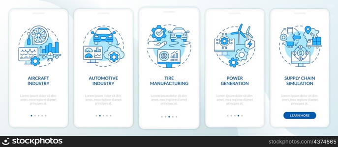 Digital twin usage blue onboarding mobile app screen. Power generation walkthrough 5 steps graphic instructions pages with linear concepts. UI, UX, GUI template. Myriad Pro-Bold, Regular fonts used. Digital twin usage blue onboarding mobile app screen