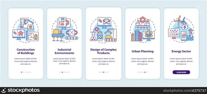 Digital twin use cases onboarding mobile app screen. Construction walkthrough 5 steps graphic instructions pages with linear concepts. UI, UX, GUI template. Myriad Pro-Bold, Regular fonts used. Digital twin use cases onboarding mobile app screen