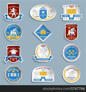 Digital university education badges pictogram collection with keys and academic hat demonstrating students accomplishments vector isolated illustration