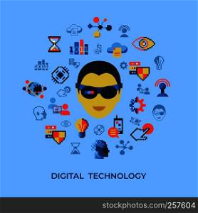 Digital vector pixel art digital technology and network icons set infographics