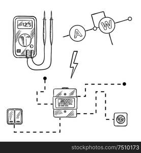 Digital voltmeter, electricity meter with socket and switches, electrical circuit diagram. Sketch icons for electrical supplies and diagram design. Voltmeter, electricity meter, electrical circuit