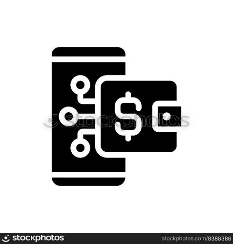 Digital wallet black glyph icon. Online payment tool. Wireless financial transaction. Credit card management. E wallet. Silhouette symbol on white space. Solid pictogram. Vector isolated illustration. Digital wallet black glyph icon