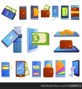 Digital wallet icons set. Cartoon set of digital wallet vector icons for web design. Digital wallet icons set, cartoon style