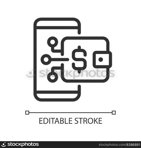 Digital wallet pixel perfect linear icon. Online payment. Wireless financial transaction. E wallet. Thin line illustration. Contour symbol. Vector outline drawing. Editable stroke. Arial font used. Digital wallet pixel perfect linear icon