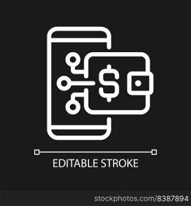 Digital wallet pixel perfect white linear icon for dark theme. Online payment. Wireless financial transaction. Thin line illustration. Isolated symbol for night mode. Editable stroke. Arial font used. Digital wallet pixel perfect white linear icon for dark theme
