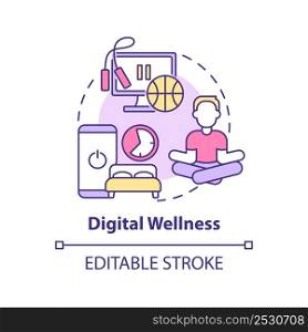 Digital wellness concept icon. Life and social media balance. Mental health trend abstract idea thin line illustration. Isolated outline drawing. Editable stroke. Arial, Myriad Pro-Bold fonts used. Digital wellness concept icon
