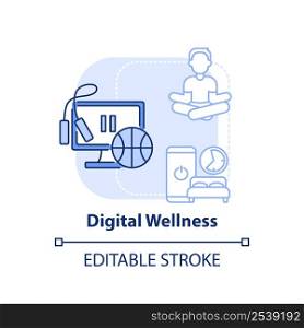 Digital wellness light blue concept icon. Life and social media. Mental health trend abstract idea thin line illustration. Isolated outline drawing. Editable stroke. Arial, Myriad Pro-Bold fonts used. Digital wellness light blue concept icon
