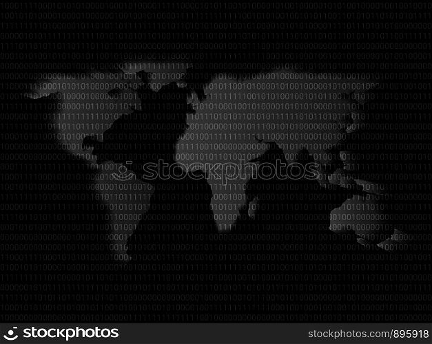 Digital world map sign binary code with digits 1 and 0, Big data global network information technology concept, Black and white monochrome glowing, Vector illustration.