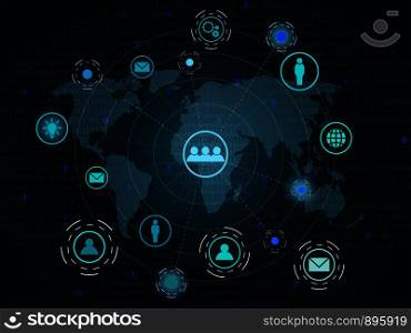 Digital world map sign binary code with digits 1 and 0, Big data global network information technology concept, Blue and green glowing, Vector illustration. EPS 10.