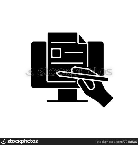 Digital writing black glyph icon. Preparing document by computer. Sharing information in digital format. Writing in online environment. Silhouette symbol on white space. Vector isolated illustration. Digital writing black glyph icon