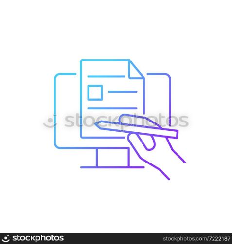 Digital writing gradient linear vector icon. Preparing document by computer. Share information in digital format. Thin line color symbol. Modern style pictogram. Vector isolated outline drawing. Digital writing gradient linear vector icon