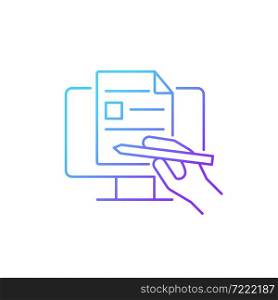 Digital writing gradient linear vector icon. Preparing document by computer. Share information in digital format. Thin line color symbol. Modern style pictogram. Vector isolated outline drawing. Digital writing gradient linear vector icon