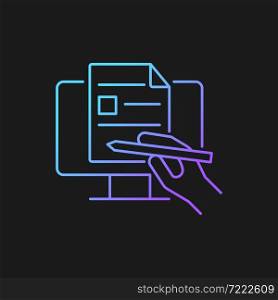 Digital writing gradient vector icon for dark theme. Prepare document by computer. Share information in digital format. Thin line color symbol. Modern style pictogram. Vector isolated outline drawing. Digital writing gradient vector icon for dark theme