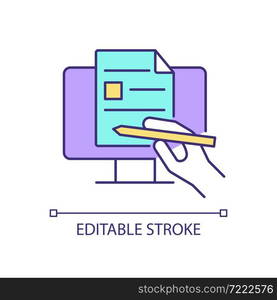 Digital writing RGB color icon. Preparing document by computer. Sharing info in digital format. Writing in online environment. Isolated vector illustration. Simple filled line drawing. Editable stroke. Digital writing RGB color icon