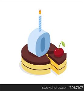 Digital zero birthday chocolate cake. Zero with candle. Celebration of anniversary cake with cherri. Festive meal isometric. Happy holiday &#xA;