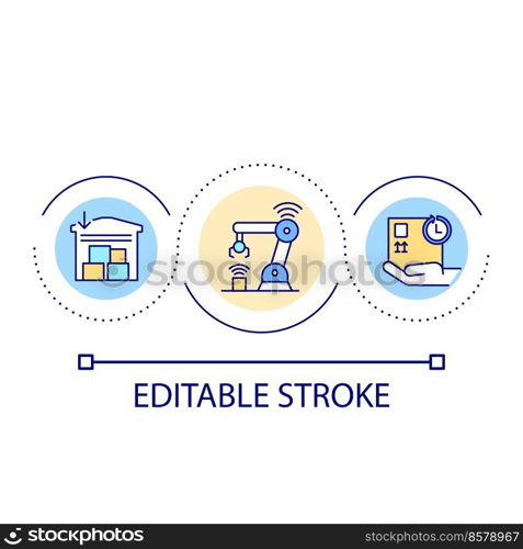 Digitalization of industrial processes loop concept icon. Automated technology at plant abstract idea thin line illustration. Isolated outline drawing. Editable stroke. Arial font used. Digitalization of industrial processes loop concept icon