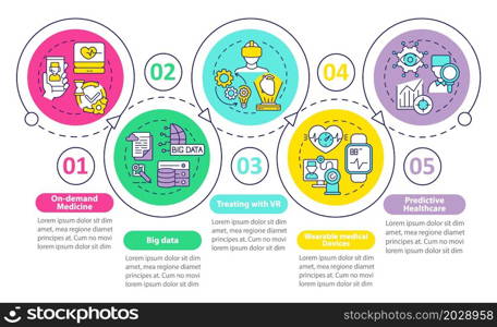 Digitalization of medicine vector infographic template. Medicare presentation outline design elements. Data visualization with 5 steps. Process timeline info chart. Workflow layout with line icons. Digitalization of medicine vector infographic template