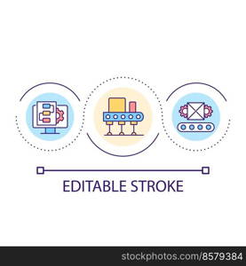 Digitalization of production processes loop concept icon. Automated machines for industrial plant abstract idea thin line illustration. Isolated outline drawing. Editable stroke. Arial font used. Digitalization of production processes loop concept icon