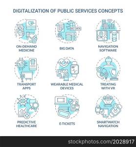 Digitalization of public services blue concept icons set. Digital modernization providing for different life spheres idea thin line color illustrations. Vector isolated outline drawings. Digitalization of public services blue concept icons set