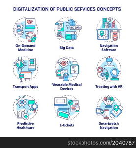 Digitalization of public services concept icons set. Digital modernization providing for different life spheres idea thin line color illustrations. Vector isolated outline drawings. Digitalization of public services concept icons set