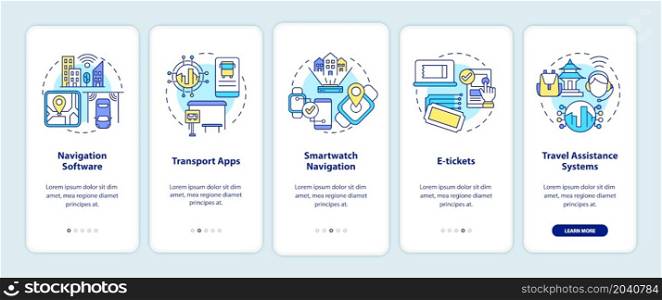 Digitalization of public transportation onboarding mobile app page screen. Service walkthrough 5 steps graphic instructions with concepts. UI, UX, GUI vector template with linear color illustrations. Digitalization of public transportation onboarding mobile app page screen