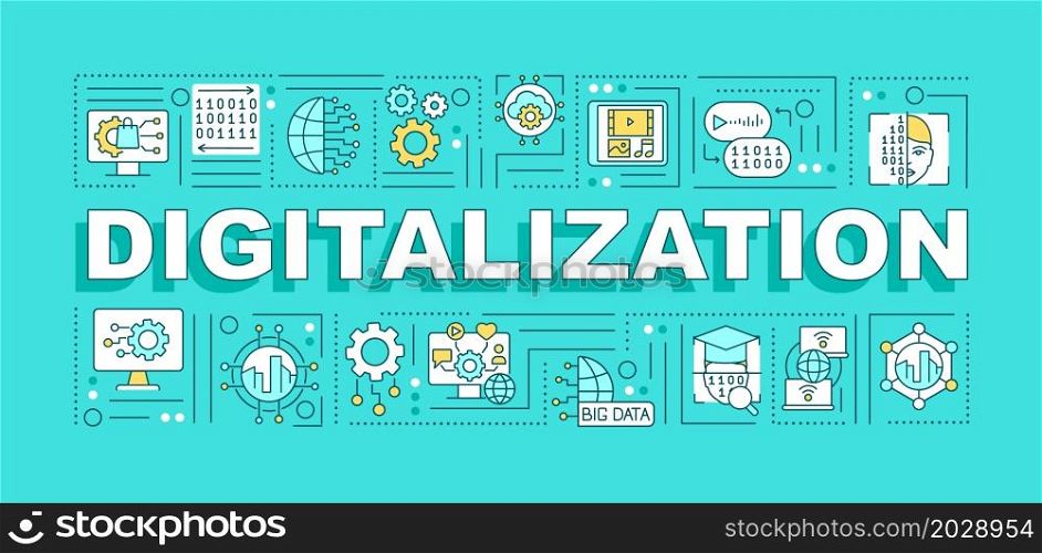 Digitalization word concepts banner. Modern technology of public services. Infographics with linear icons on green background. Isolated creative typography. Vector outline color illustration with text. Digitalization word concepts banner