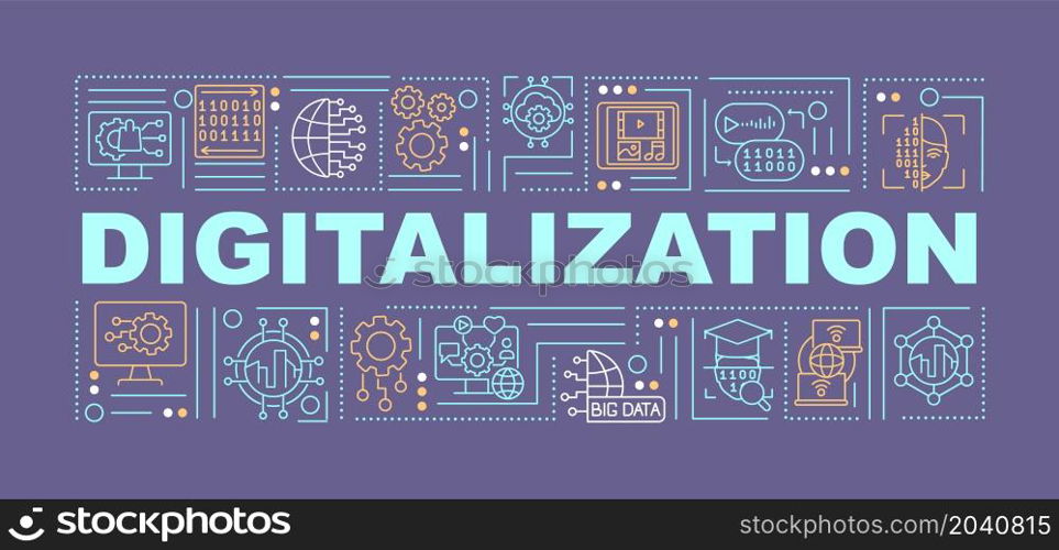 Digitalization word concepts banner. Public services technology. Infographics with linear icons on purple background. Isolated creative typography. Vector outline color illustration with text. Digitalization word concepts banner
