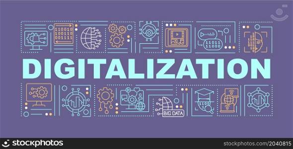 Digitalization word concepts banner. Public services technology. Infographics with linear icons on purple background. Isolated creative typography. Vector outline color illustration with text. Digitalization word concepts banner