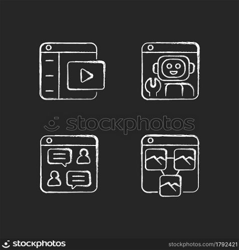 Digitization in business chalk white icons set on dark background. Video platforms. Building robotic applications. Online discussions. Photo sharing. Isolated vector chalkboard illustrations on black. Digitization in business chalk white icons set on dark background