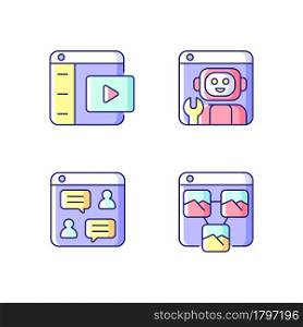 Digitization in business RGB color icons set. Video platforms. Building robotic applications. Online discussions. Photo sharing. Isolated vector illustrations. Simple filled line drawings collection. Digitization in business RGB color icons set
