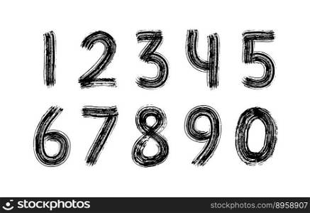 Digits set hand drawn with dry brush. Numbers logos. Rough strokes modern calligraphy text style. Grunge lettering design elements for banner, shirt, label, badge, card or poster. Vector illustration.. Digits set hand drawn with dry brush. Numbers. Rough strokes modern calligraphy text style. Vector. Black and white
