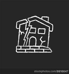 Dilapidated house chalk white icon on black background. Abandoned buildings. Dangers in old houses. Health and safety hazards. Derelict buildings. Isolated vector chalkboard illustration. Dilapidated house chalk white icon on black background