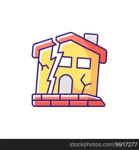 Dilapidated house RGB color icon. Abandoned buildings. Dangers in old houses. Health and safety hazards. Derelict buildings. Outdated materials. Poor foundations. Isolated vector illustration. Dilapidated house RGB color icon