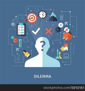 Dilemma Concept Illustration . Dilemma concept with target plan and strategy symbols on blue background flat vector illustration