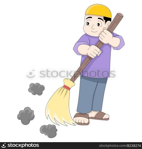 diligent boy sweeping the yard keeping the environment clean. vector design illustration art