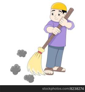 diligent boy sweeping the yard keeping the environment clean. vector design illustration art