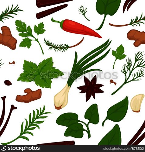 Dill and parsley, greenery and herbs seamless pattern vector. Fresh products and vegetables, plants and leaves of natural organic flora. Onion and cinnamon. ginger and carrots, cooking veggies. Dill and parsley, greenery and herbs seamless pattern vector