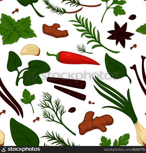 Dill and parsley, greenery and herbs seamless pattern vector. Fresh products and vegetables, plants and leaves of natural organic flora. Onion and cinnamon. ginger and carrots, cooking veggies. Dill and parsley, greenery and herbs seamless pattern vector.