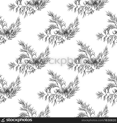 Dill herb branch ink sketch seamless pattern. Monochrome food ingredient backdrop. Botanical herbal wallpaper. Flavoring plant in vintage hand drawn engraved style. Vector illustration. Dill herb branch ink sketch seamless pattern. Monochrome food ingredient backdrop.