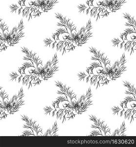 Dill herb branch ink sketch seamless pattern. Monochrome food ingredient backdrop. Botanical herbal wallpaper. Flavoring plant in vintage hand drawn engraved style. Vector illustration. Dill herb branch ink sketch seamless pattern. Monochrome food ingredient backdrop.