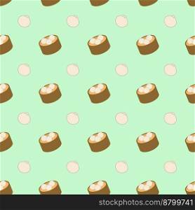Dim sum and basket, seamless pattern, vector. A pattern of dumplings and a basket on a green background.