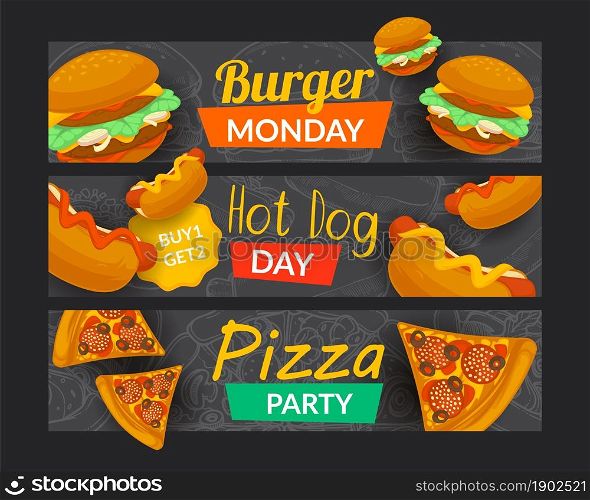 Diner banner set, burger day, hot dog, pizza party. Template for an American restaurant, vector illustration. A portion of the pizza lies on a black wooden surface. Cartoon fast food sale poster. Diner banner set, burger day, hot dog, pizza party